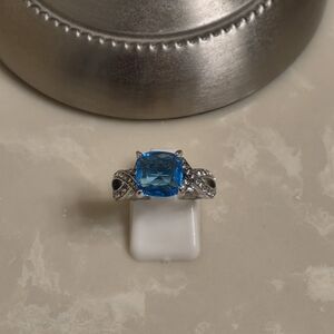 Silver CZ and Blue Topaz Ring Size 8.5